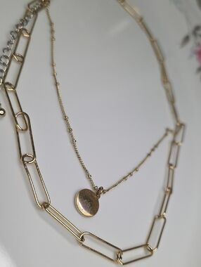 Gold tone Layered Paperclip and Pendant Necklace Dainty Style